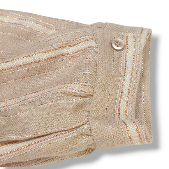 EUC Maven West Made in USA Long Sleeve Linen Stripe Dress Sz. S [2-4] Beige Gold - Picture 4 of 11